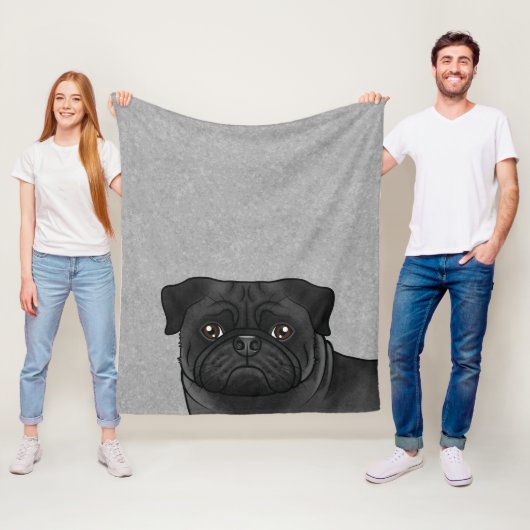 Zwart Pug Hondenhoofd Close-up Cartoon Illustratie Fleece Deken (In situ)