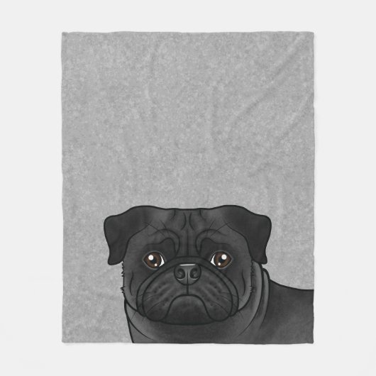Zwart Pug Hondenhoofd Close-up Cartoon Illustratie Fleece Deken (Voorkant)