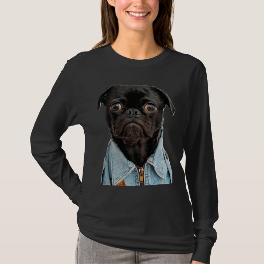 Zwart Pug in Jeans Sticker Classic T-Shirt 181 (Voorkant)