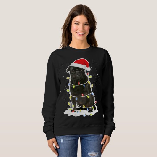 Zwart Pug Kerst Licht Klassiek T-shirt 134 (Voorkant volledig)
