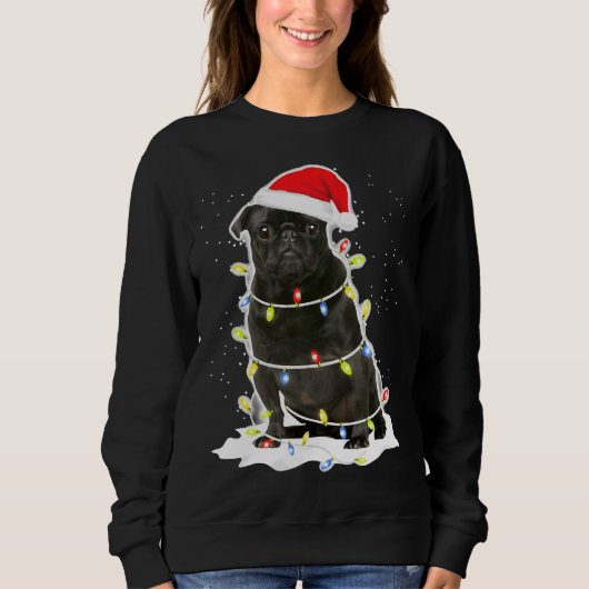 Zwart Pug Kerst Licht Klassiek T-shirt 134 (Voorkant)