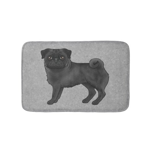 Zwart Pug Mops Breed Dog Cartoon Illustratie Grijs Badmat (Voorkant)