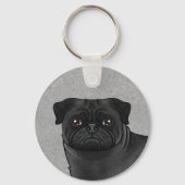 Zwart Pug Mops Dog Head Close-up en aangepaste naa Sleutelhanger (Voorkant)