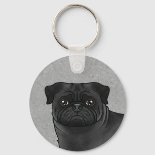 Zwart Pug Mops Dog Head Close-up en aangepaste naa Sleutelhanger