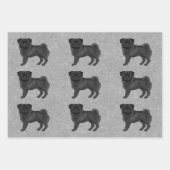 Zwart Pug Mops Hondenras ontwerppatroon op grijs Inpakpapier Vel (Voorkant)