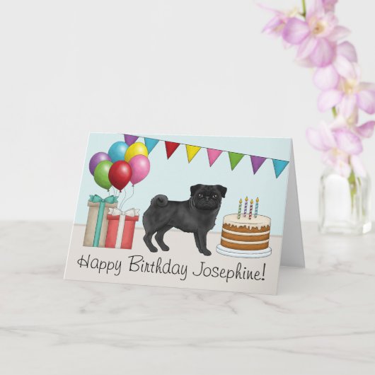 Zwart Pug Schattige Cartoon Dog Kleurrijke Happy B Kaart (Orchidee)