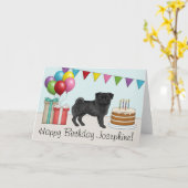 Zwart Pug Schattige Cartoon Dog Kleurrijke Happy B Kaart (Gele Bloem)
