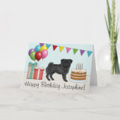 Zwart Pug Schattige Cartoon Dog Kleurrijke Happy B Kaart (Voorkant)