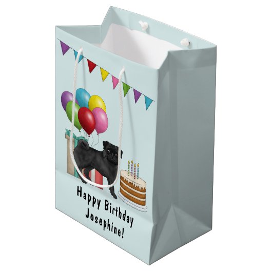 Zwart Pug Schattige Cartoon Dog Kleurrijke Happy B Medium Cadeauzakje (Voorkant Gekanteld)