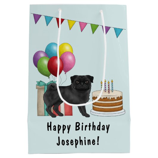 Zwart Pug Schattige Cartoon Dog Kleurrijke Happy B Medium Cadeauzakje (Achterkant)