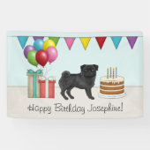 Zwart Pug Schattige Cartoon Dog Kleurrijke Happy B Spandoek (Horizontaal)
