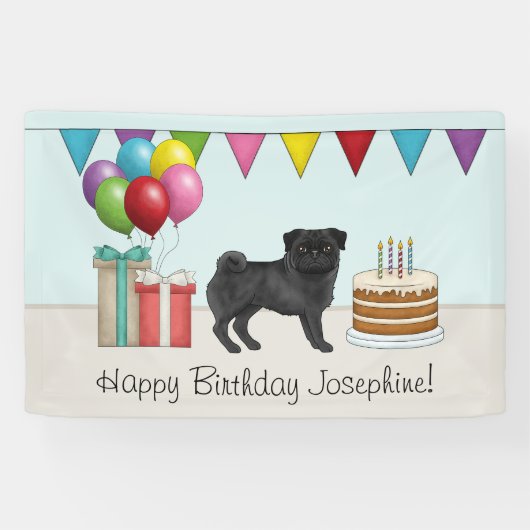 Zwart Pug Schattige Cartoon Dog Kleurrijke Happy B Spandoek (Horizontaal)