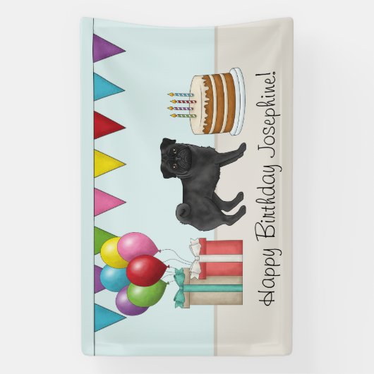 Zwart Pug Schattige Cartoon Dog Kleurrijke Happy B Spandoek (Verticaal)