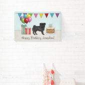Zwart Pug Schattige Cartoon Dog Kleurrijke Happy B Spandoek (Insitu)
