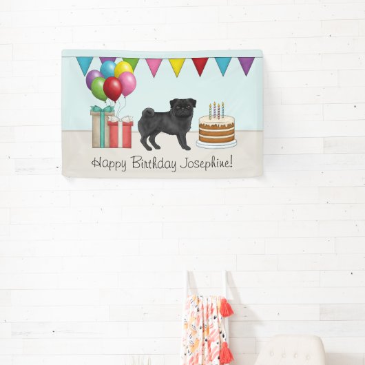 Zwart Pug Schattige Cartoon Dog Kleurrijke Happy B Spandoek (Insitu)