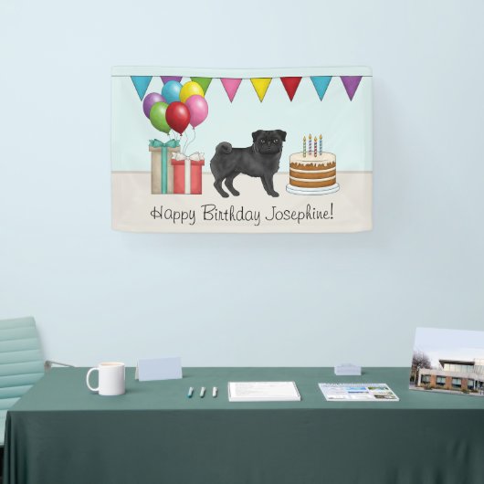 Zwart Pug Schattige Cartoon Dog Kleurrijke Happy B Spandoek (Beurs)