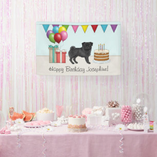 Zwart Pug Schattige Cartoon Dog Kleurrijke Happy B Spandoek