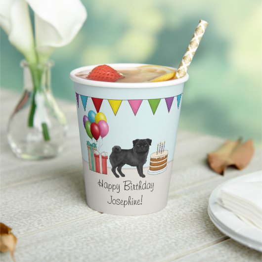 Zwart Pug Schattige Cartoon Dog Kleurrijke Verjaar Papieren Bekers (Insitu)