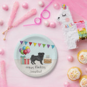 Zwart Pug Schattige Cartoon Dog Kleurrijke Verjaar Papieren Bordje (Feest)