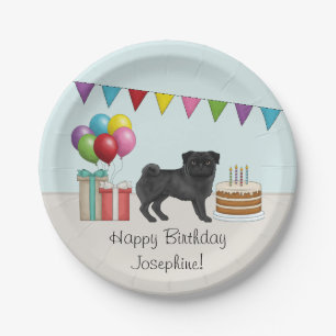 Zwart Pug Schattige Cartoon Dog Kleurrijke Verjaar Papieren Bordje