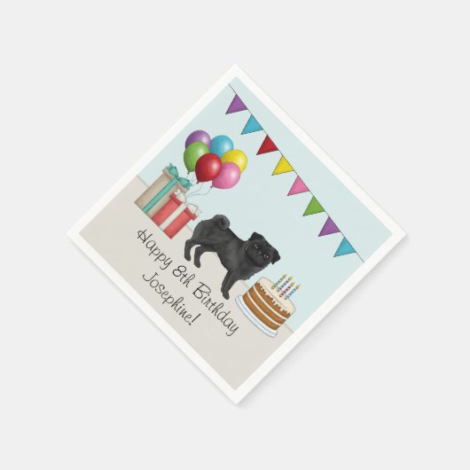 Zwart Pug Schattige Cartoon Dog Kleurrijke Verjaar Servet (Hoek)