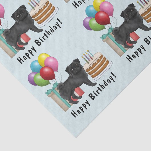 Zwart Pug Schattige Cartoon Dog Kleurrijke Verjaar Tissuepapier (Detail)