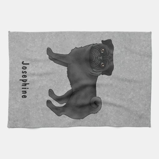 Zwart Pug Schattige Cartoon Dog Met Aangepaste Naa Theedoek (Horizontaal)