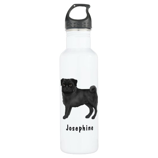 Zwart Pug Schattige Cartoon Dog Met Aangepaste Naa Waterfles (Voorkant)