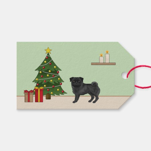Zwart Pug Schattige Cartoon Dog Met Een Kerstboom Cadeaulabel (Voorkant (Horizontaal))