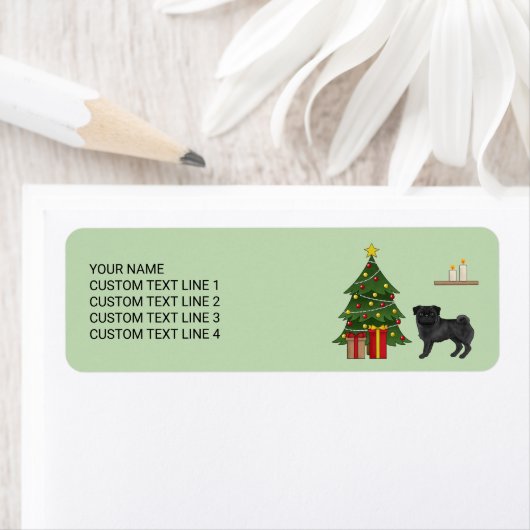 Zwart Pug Schattige Cartoon Dog Met Een Kerstboom Etiket (Insitu)