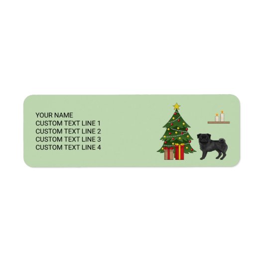 Zwart Pug Schattige Cartoon Dog Met Een Kerstboom Etiket (Voorkant)