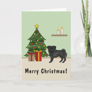 Zwart Pug Schattige Cartoon Dog Met Een Kerstboom Kaart