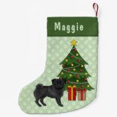 Zwart Pug Schattige Cartoon Dog Met Een Kerstboom Kleine Kerstsok (Achterkant)