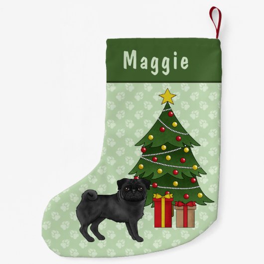 Zwart Pug Schattige Cartoon Dog Met Een Kerstboom Kleine Kerstsok (Achterkant)