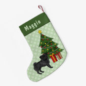 Zwart Pug Schattige Cartoon Dog Met Een Kerstboom Kleine Kerstsok (Achterkant (Hangend))