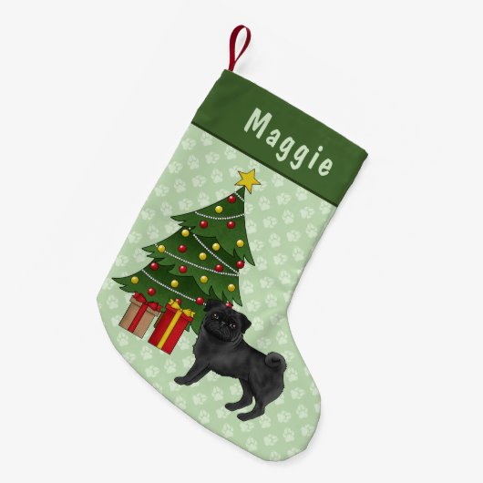 Zwart Pug Schattige Cartoon Dog Met Een Kerstboom Kleine Kerstsok (Voorkant (Hangend))
