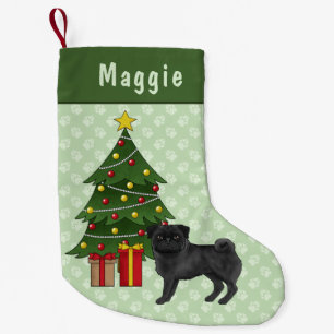 Zwart Pug Schattige Cartoon Dog Met Een Kerstboom Kleine Kerstsok