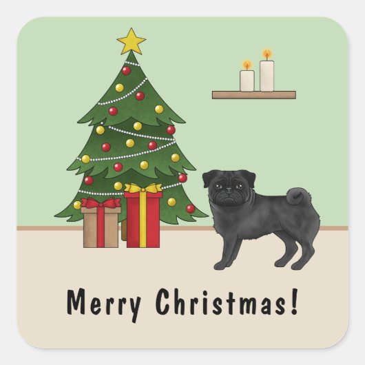 Zwart Pug Schattige Cartoon Dog Met Een Kerstboom Vierkante Sticker (Voorkant)
