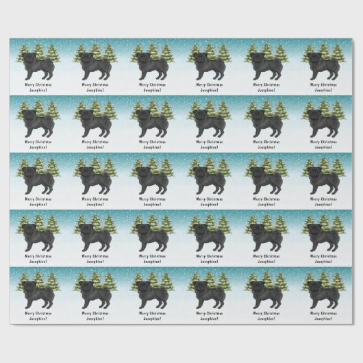 Zwart Pug Schattige Cartoon Dog Snowy Winter Fores Cadeaupapier (Vlak)