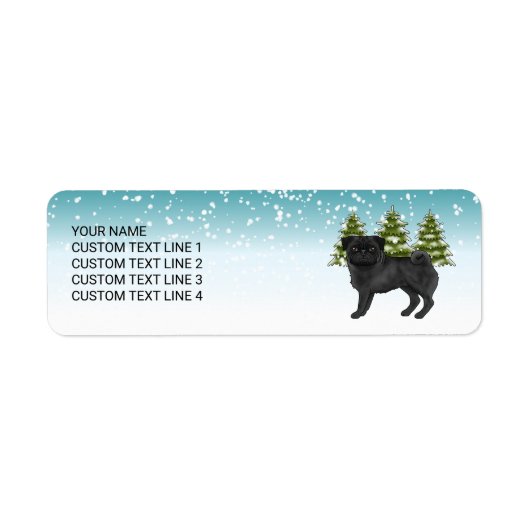 Zwart Pug Schattige Cartoon Dog Snowy Winter Fores Etiket (Voorkant)