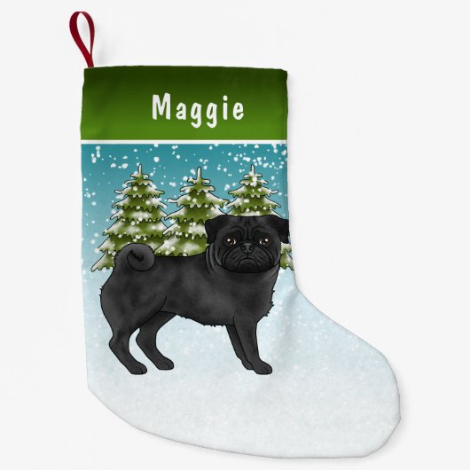 Zwart Pug Schattige Cartoon Dog Snowy Winter Fores Kleine Kerstsok (Voorkant)