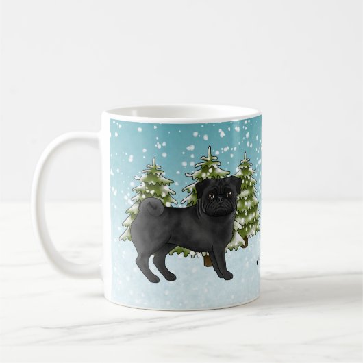 Zwart Pug Schattige Cartoon Dog Snowy Winter Fores Koffiemok (Links)