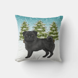 Zwart Pug Schattige Cartoon Dog Snowy Winter Fores Kussen