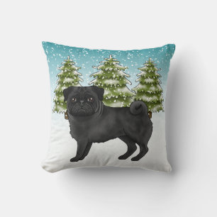 Zwart Pug Schattige Cartoon Dog Snowy Winter Fores Kussen