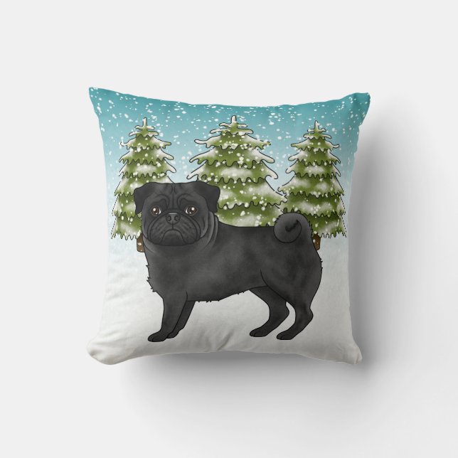 Zwart Pug Schattige Cartoon Dog Snowy Winter Fores Kussen (Voorkant)