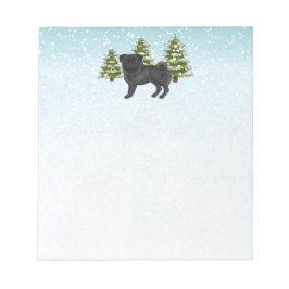 Zwart Pug Schattige Cartoon Dog Snowy Winter Fores Notitieblok
