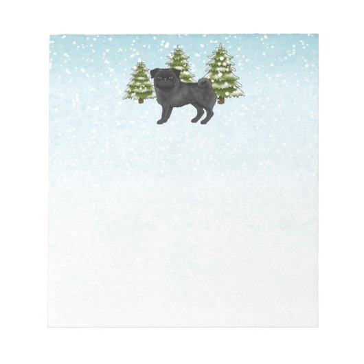 Zwart Pug Schattige Cartoon Dog Snowy Winter Fores Notitieblok (Voorkant)