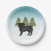 Zwart Pug Schattige Cartoon Dog Snowy Winter Fores Papieren Bordje (Voorkant)