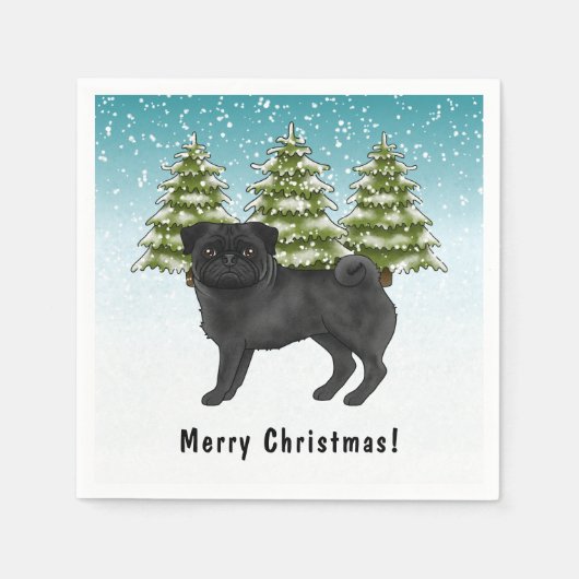 Zwart Pug Schattige Cartoon Dog Snowy Winter Fores Servet (Voorkant)