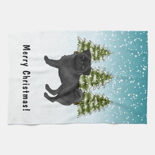 Zwart Pug Schattige Cartoon Dog Snowy Winter Fores Theedoek (Horizontaal)